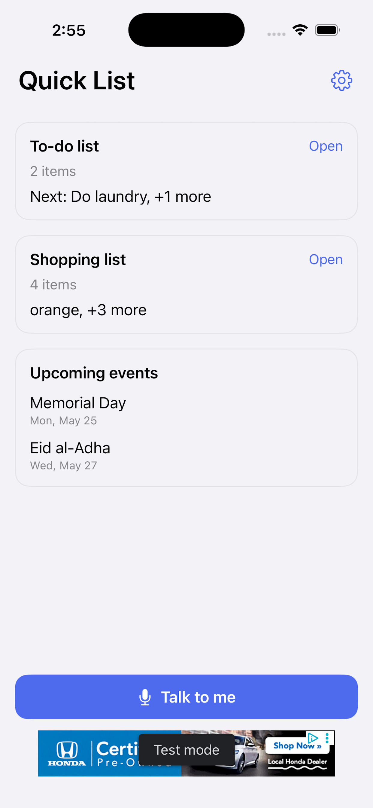 QuickListIOS Home Screen
